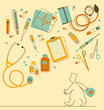 Illustration in outline style – medical instruments and doctor