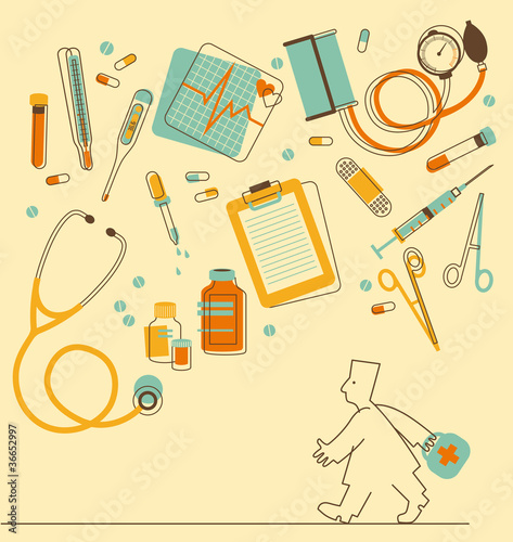 Vector: Illustration in outline style – medical instruments and doctor Illustration in outline style – medical instruments and doctor