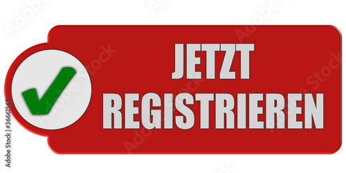 Illustration: Button rot Haken JETZT REGISTRIEREN Button rot Haken JETZT REGISTRIEREN
