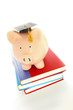 piggy bank and graduation cap on books - student debt concept