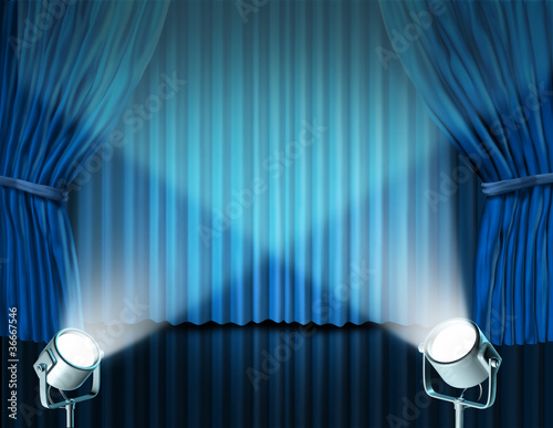 Illustration: Spotlights on blue velvet cinema curtains Spotlights on blue velvet cinema curtains