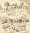 Village houses sketch with food
