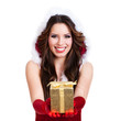 brünette Weihnachtsfrau mit Geschenk brünette Weihnachtsfrau mit Geschenk