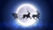 Santa with reindeers flies over moon in loop
