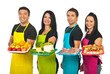 Four market workers with their products Four market workers with their products