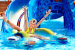 Child on water slide at aquapark.
