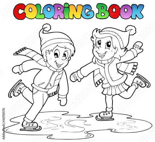 Coloring book skating boy and girl