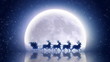 Santa with reindeer flies over moon