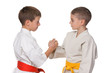 Handshaking boys in kimono