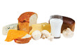 Glass of milk, bread, mushrooms and cheese on white background