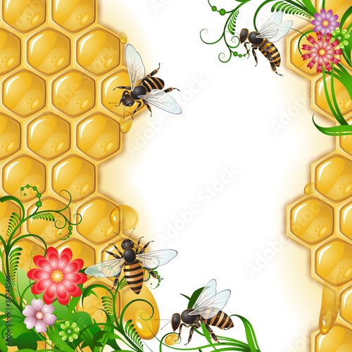 Vector: Background with bees, flowers and honeycomb Background with bees, flowers and honeycomb