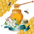 Jar of honey with wooden dipper, bees, ribbon and orchids
