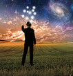 Man in suit concepttualizes touches sky creating ripples