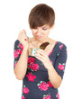 girl unlocks canned food, white background