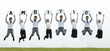 Asian business man & woman jumping with a sign