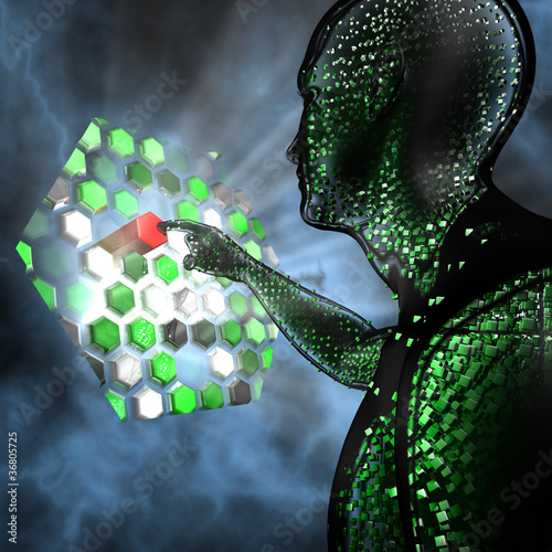 Illustration: Humanoid touching a futuristic computer panel Humanoid touching a futuristic computer panel