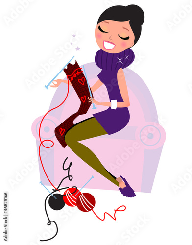 Vector: Beautiful woman knitting hand made scarf isolated on white (retr Beautiful woman knitting hand made scarf isolated on white (retr
