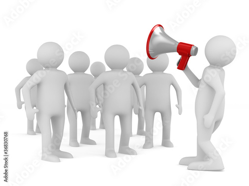Illustration: orator speaks in megaphone. Isolated 3D image orator speaks in megaphone. Isolated 3D image