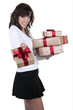 Photo: young brunete woman holding christmas gift boxes isolated on whi young brunete woman holding christmas gift boxes isolated on whi