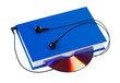 Book with headphones and cd isolated on white background.