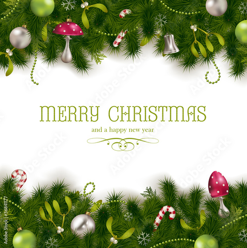 Vector: christmas background with firtree, mistletoes and ornaments christmas background with firtree, mistletoes and ornaments