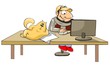 cartoon man working at a computer, a cat lying on the table