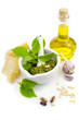 Fresh Italian Pesto and its ingredients / isolated on white