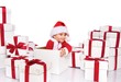 Baby boy in Santa Claus costume sitting inside gift box Baby boy in Santa Claus costume sitting inside gift box