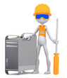Technician with computer and screwdriver isolated on background Technician with computer and screwdriver isolated on background
