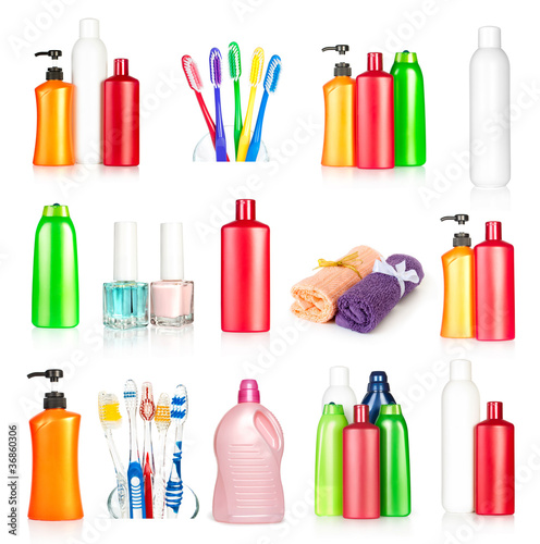 Ilustración: bottles shampoo, towels, toothbrushes and nail polish collection bottles shampoo, towels, toothbrushes and nail polish collection