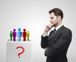 Businessman look at the group of social people on a pedestal
