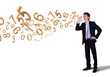 Business man shouting with numbers and symbols
