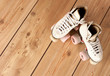 roller skates on a wood background