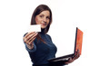 Smiling pretty girl with notebook and blank