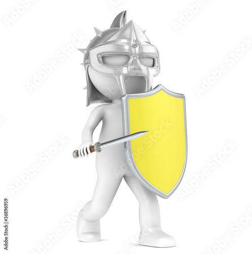 Illustration: 3D little human character The Gladiator with a Virus Shield. 3D little human character The Gladiator with a Virus Shield.