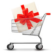 Shopping cart and gift box. Vector illustration.