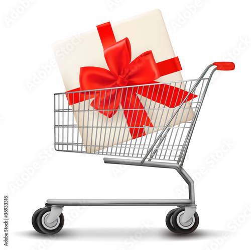 Vector: Shopping cart and gift box. Vector illustration. Shopping cart and gift box. Vector illustration.