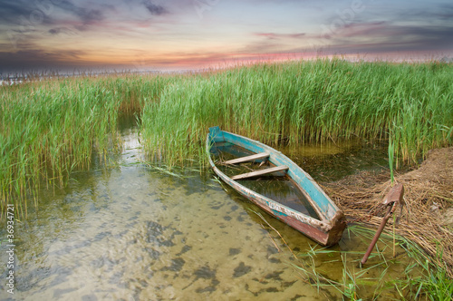 Photo: Wooden boat in cane on the bank of lake Wooden boat in cane on the bank of lake