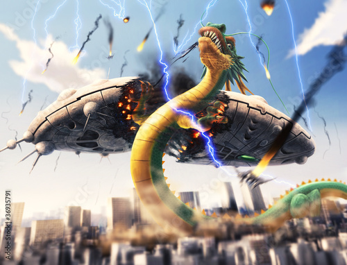 Illustration: 地球侵略に来た宇宙人の母船を真っ二つにする龍 地球侵略に来た宇宙人の母船を真っ二つにする龍