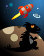 Dino and Rocket in space, vector illustration