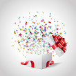 Open gift with fireworks from confetti vector background