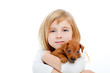 Blond children girl with dog puppy mini pinscher