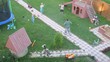 Children play pirates on dacha, top-down view, time lapse