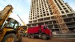 Bulldozer loads truck at building place of living house