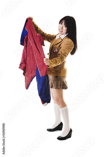 Photo: Chinese school girl with ugly uniform. Chinese school girl with ugly uniform.
