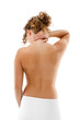 Woman massaging pain back isolated on white Woman massaging pain back isolated on white