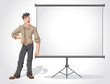 Young man and white billboard with empty space