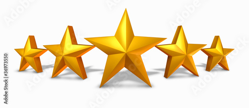 Illustration: Gold star rating with five golden stars Gold star rating with five golden stars