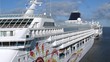 Two cruise liners stationed in port, zoom in view, time lapse