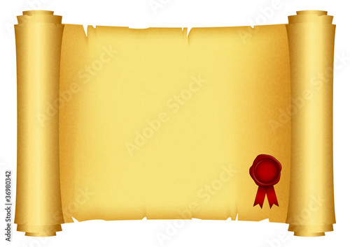Vector: Vector illustration of scroll with red stamp Vector illustration of scroll with red stamp